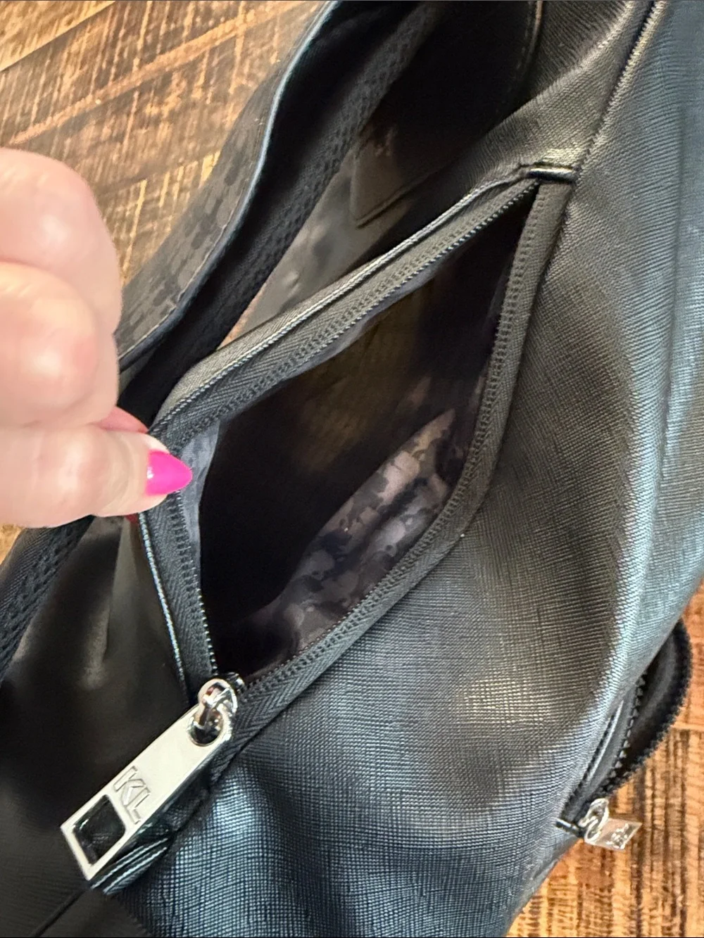 Karl Lagerfeld Black Saffiano Drawstring Backpack with Front Pocket